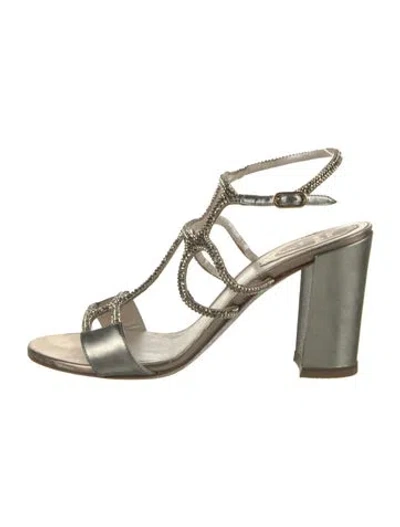 Pre-owned René Caovilla Leather Glitter Accents T-strap Sandals In Silver