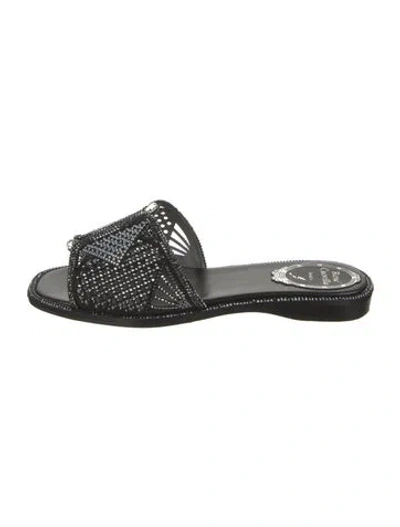 Pre-owned René Caovilla Leather Graphic Print Slides W/ Tags In Black