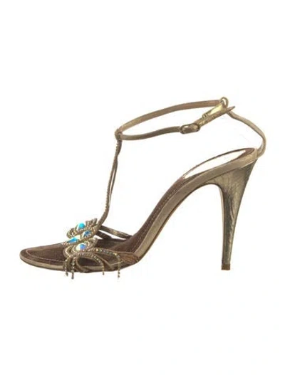 Pre-owned René Caovilla Leather Printed T-strap Sandals In Gold