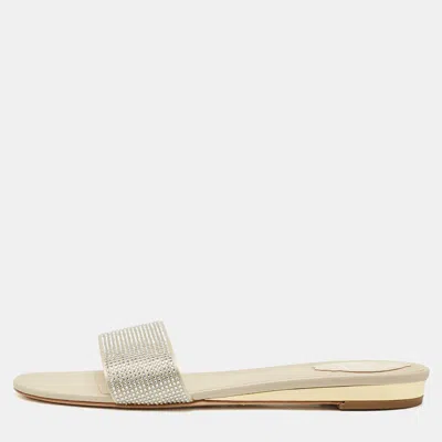 René Caovilla Light Gold Satin Crystals Embellished Flat Slides