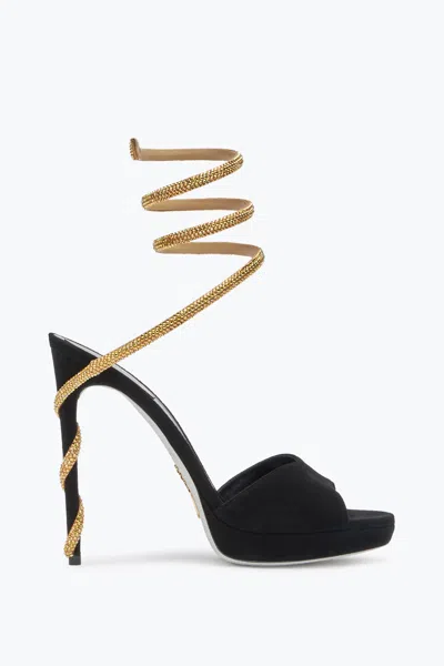 René Caovilla Margot Black Suede And Gold Platform Sandal 120