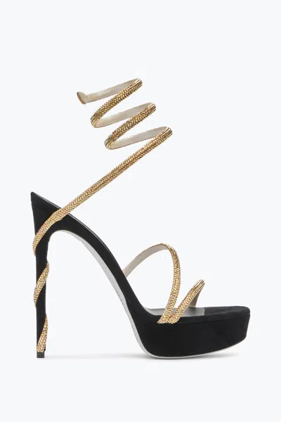 René Caovilla Margot Crystal Black-gold Platform Sandal 130