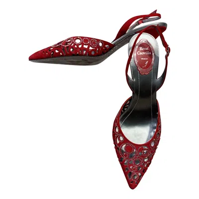 Pre-owned René Caovilla Rene Caovilla Medium-heeled Sling-back Red Suede Pumps W Rhinestones & Cut-outs