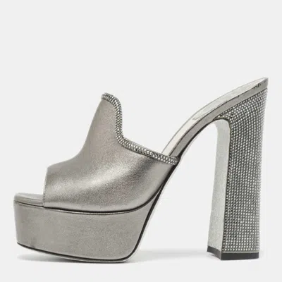 Pre-owned René Caovilla Metallic Leather Crystal Embellished Slide Sandals Size 39