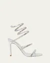René Caovilla Metallic Leather Strass Snake Ankle Wrap Sandals In Silver