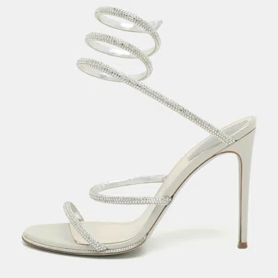 Pre-owned René Caovilla Metallic Silver Leather Crystal Cleo Ankle Strap Sandals Size 39.5