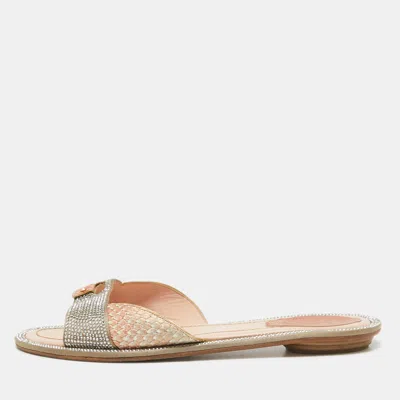 Pre-owned René Caovilla Multicolor Python And Satin Crystal Embellished Flat Sandals Size 38