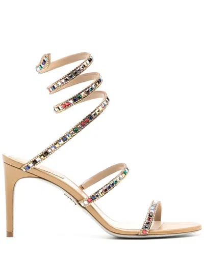 René Caovilla Multicoloured Crystal Strappy Sandals In Beige