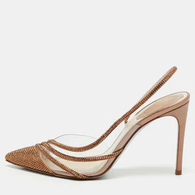 Pre-owned René Caovilla Naomi Size 37 Brown Satin And Pvc Slingback Pumps
