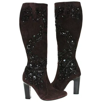 Pre-owned René Caovilla New Rene Caovilla Beaded Chocolate Suede Knee Heel Boots It 36.5 - Us 6.5 In Brown