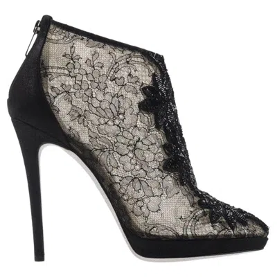 Pre-owned René Caovilla New Rene Caovilla Black Floral Lace Beaded Ankle Boots Booties It 40 - Us 10