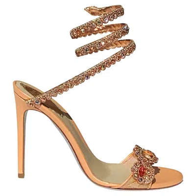 Pre-owned René Caovilla New Rene Caovilla Peach Crystal Embellished Leather Snake-wrap Sandals Shoes 38 In Brown