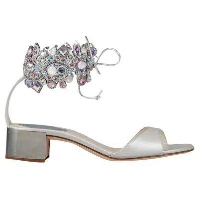Pre-owned René Caovilla New Rene Caovilla Veneziana Leather Gray Jeweled Ankle Flats Shoes 36 37 40