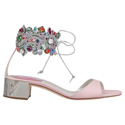 Pre-owned René Caovilla New Rene Caovilla Veneziana Leather Pink Jeweled Ankle Flats Shoes It 36 - 40