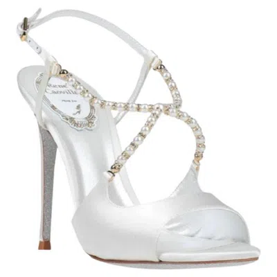 Pre-owned René Caovilla New Rene Caovilla White Satin Pearl Crystal Sandals 36.5 - Us 6.5