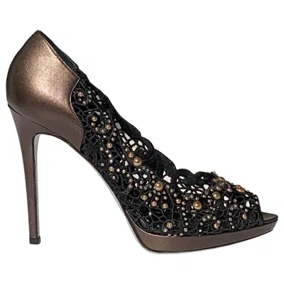Pre-owned René Caovilla Nwt Rene Caovilla Black Lace Embellished Brown Leather Pumps Italian 41 - Us 11