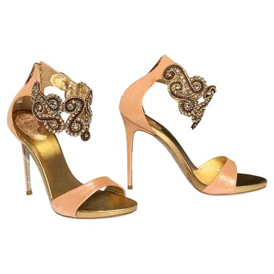 Pre-owned René Caovilla Nwt Rene Caovilla Metallic Leather Peach Embellished Ankle Bracelet Sandals 37.5