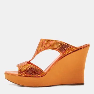 René Caovilla Orange Satin Crystal Embellished Wedge Slides In Multi