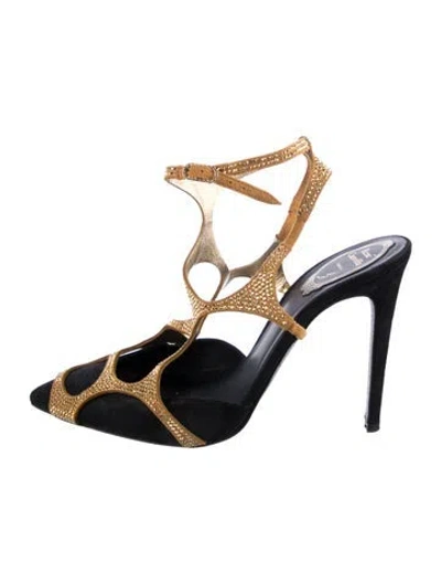 Pre-owned René Caovilla Patterned Crystal Embellishments T-strap Pumps
