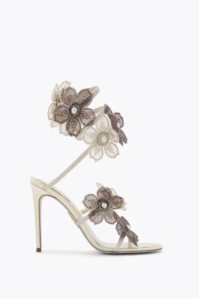 René Caovilla Peach Flower Ivory And Grey Sandal 105 In White