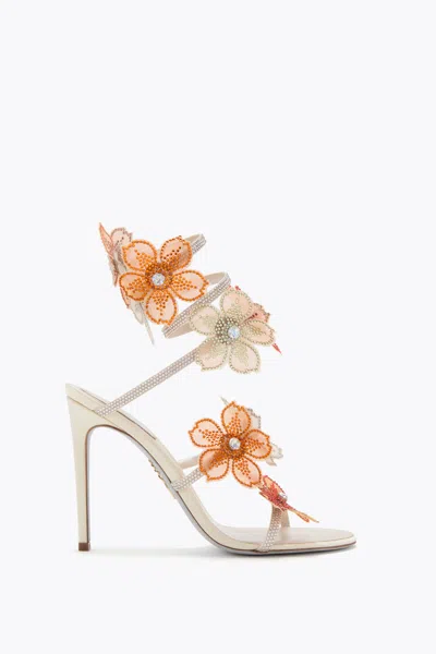 René Caovilla Peach Flower Ivory And Orange Sandal 105 In White