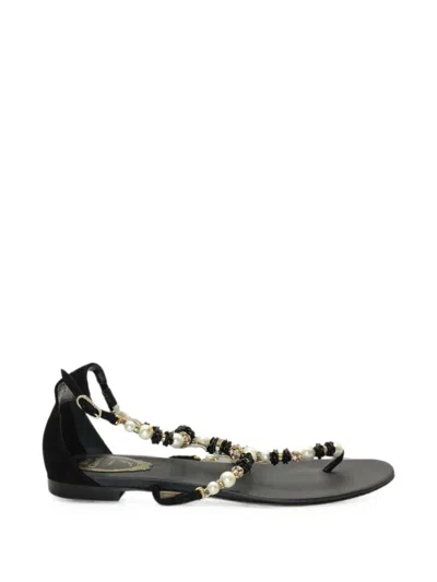 Pre-owned René Caovilla Pearl Crystal-embellished T-strap Sandals In Black