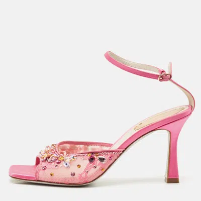 Pre-owned René Caovilla Pink Lace Crystal Embellished Ankle Strap Sandals Size 37