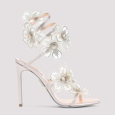 René Caovilla Rene Caovilla Pink Satin Leather Peach Flower Sandals In White