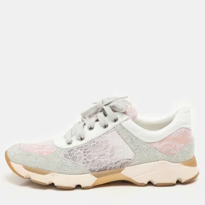 Pre-owned René Caovilla Pink/white Lace And Leather Crystal Embellished Low Top Sneakers Size 37