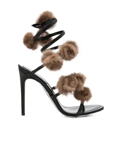 René Caovilla Pom-pom High-heeled Sandals In Black