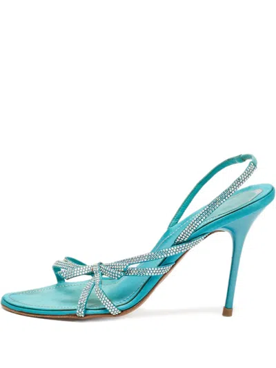 Pre-owned René Caovilla  110mm Crystal-bow Slingback Sandals In Blue