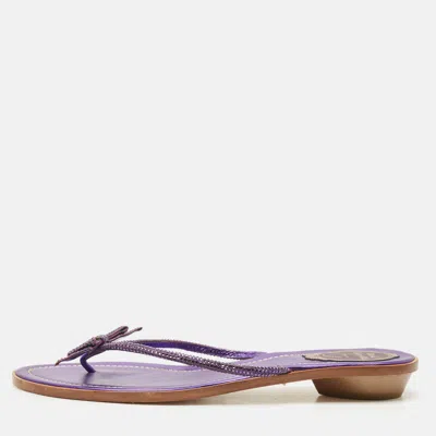 Pre-owned René Caovilla Purple Satin Crystal Embellished Bow Thong Flat Slides Size 40