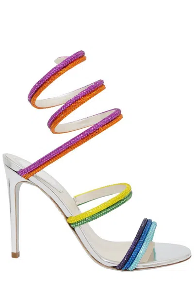 René Caovilla Rainbow Embellished Open Toe Sandals In Silver