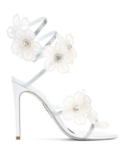 René Caovilla Leather Floral Embroidered Crystal Sandals In White