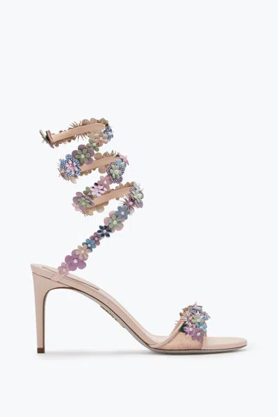 René Caovilla Roxanne Powder Pink Sandal With Multicolor Flowers 80