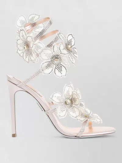 René Caovilla Sandals Open Toe Floral Embellishments Strappy Design In White