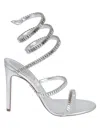 René Caovilla Metallic Leather Strass Snake Ankle Wrap Sandals In Silver