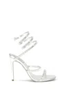 René Caovilla Metallic Leather Strass Snake Ankle Wrap Sandals In Silver