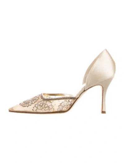 Pre-owned René Caovilla Satin Beaded Accents D'orsay Pumps In Gold