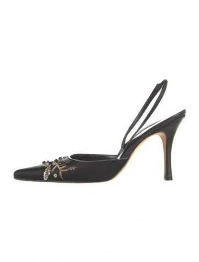 Pre-owned René Caovilla Satin Beaded Accents Slingback Pumps In Black