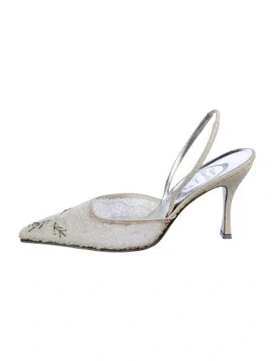 Pre-owned René Caovilla Satin Beaded Accents Slingback Pumps In Silver