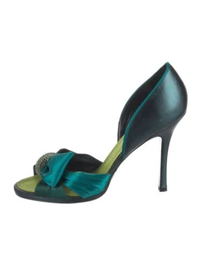 Pre-owned René Caovilla Satin Crystal Embellishments Sandals In Green