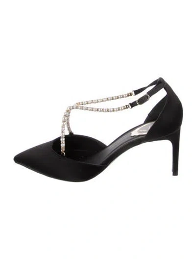 Pre-owned René Caovilla Satin Crystal Embellishments T-strap Pumps In Black