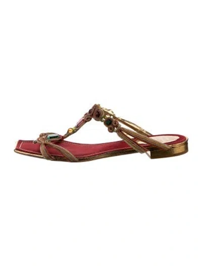 Pre-owned René Caovilla Satin Crystal Embellishments T-strap Sandals In Gold