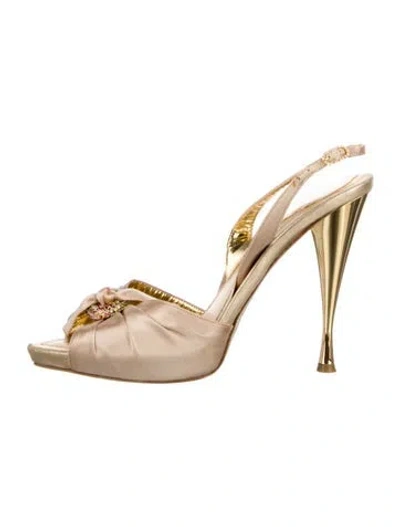 Pre-owned René Caovilla Satin Floral Print Slingback Sandals In Neutral