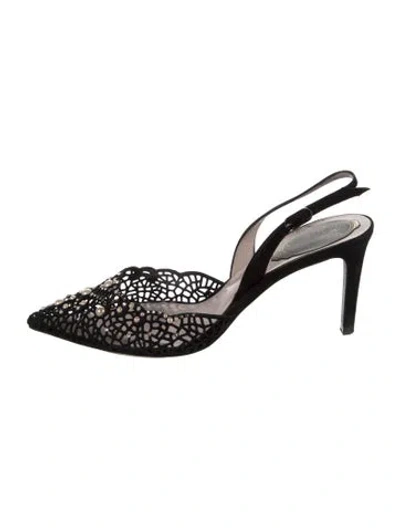 Pre-owned René Caovilla Satin Lace Pattern Slingback Pumps In Black