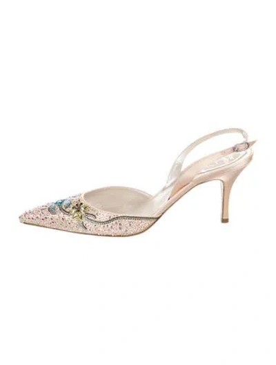 Pre-owned René Caovilla Satin Patterned Slingback Pumps In Pink