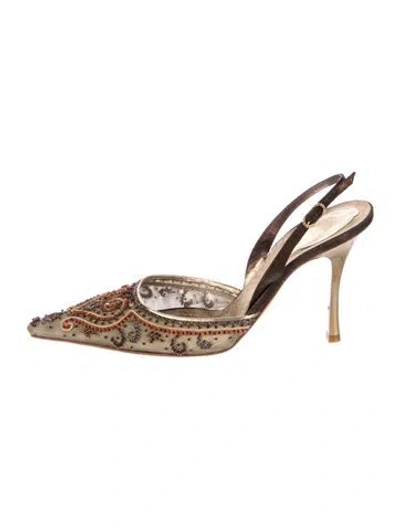 Pre-owned René Caovilla Satin Printed Slingback Pumps In Neutral