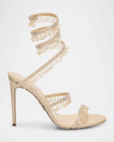René Caovilla Satin Strass Chandelier Snake Wrap Sandals In Beige Golden Shadow