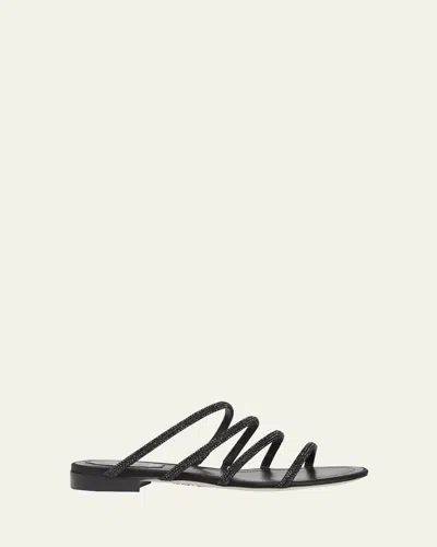 René Caovilla Satin Strass Flat Slide Sandals In Black